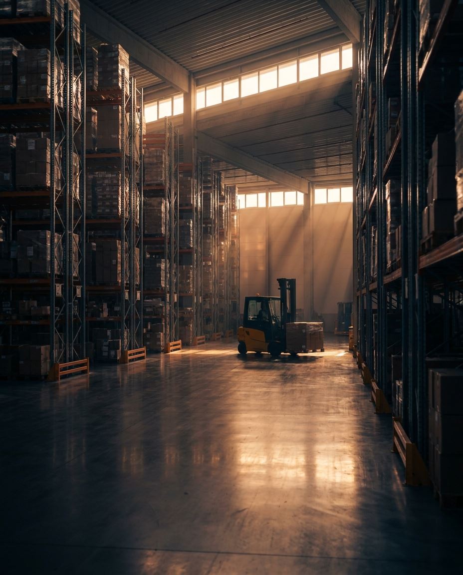 Cosmopolitan Logistics warehouse interior with tall racking and evening light